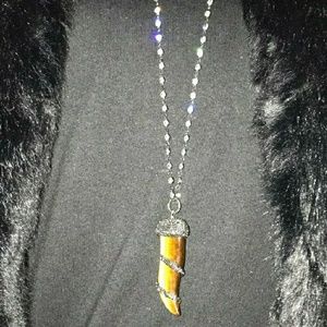 Tiger Eye CZ Diamond Simulated Steel Long Necklace